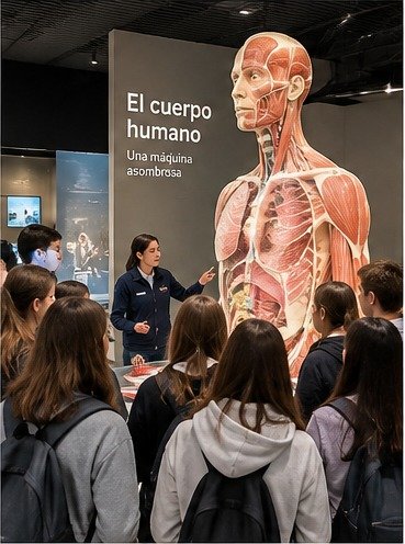 Ilustración de estudiantes explorando una exposición sobre el cuerpo humano